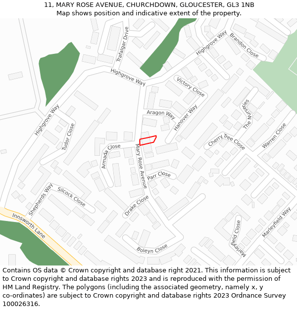 11, MARY ROSE AVENUE, CHURCHDOWN, GLOUCESTER, GL3 1NB: Location map and indicative extent of plot