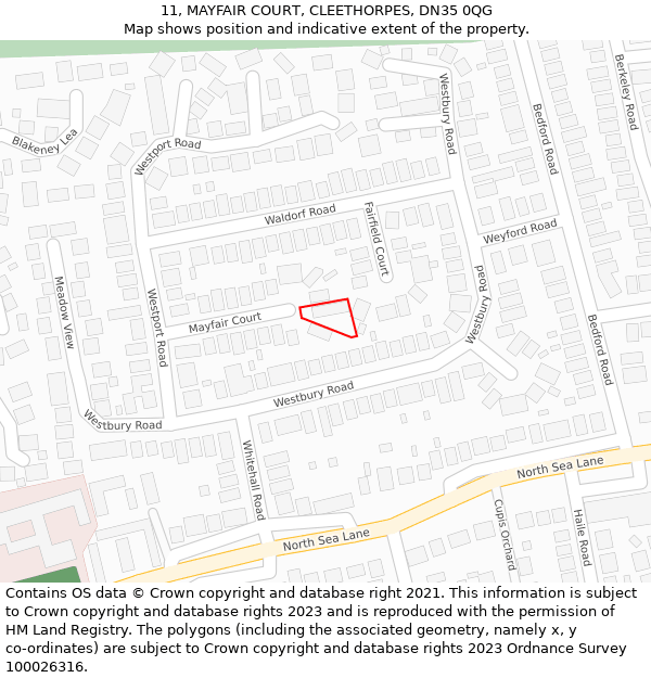 11, MAYFAIR COURT, CLEETHORPES, DN35 0QG: Location map and indicative extent of plot