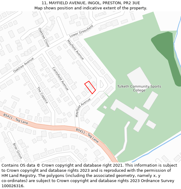 11, MAYFIELD AVENUE, INGOL, PRESTON, PR2 3UE: Location map and indicative extent of plot