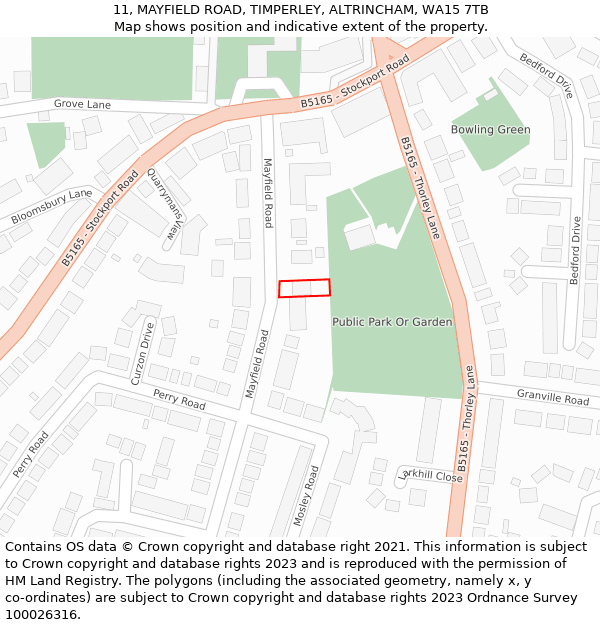 11, MAYFIELD ROAD, TIMPERLEY, ALTRINCHAM, WA15 7TB: Location map and indicative extent of plot