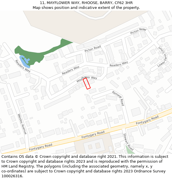 11, MAYFLOWER WAY, RHOOSE, BARRY, CF62 3HR: Location map and indicative extent of plot