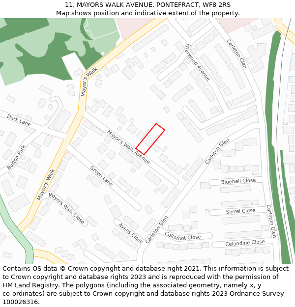 11, MAYORS WALK AVENUE, PONTEFRACT, WF8 2RS: Location map and indicative extent of plot