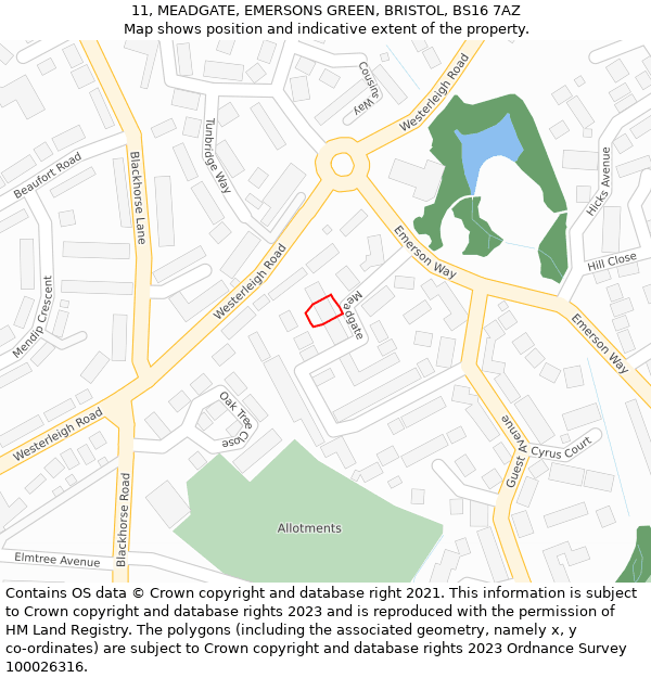 11, MEADGATE, EMERSONS GREEN, BRISTOL, BS16 7AZ: Location map and indicative extent of plot