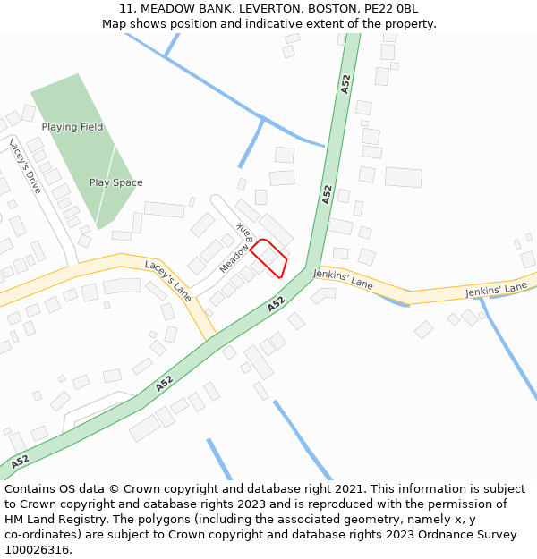 11, MEADOW BANK, LEVERTON, BOSTON, PE22 0BL: Location map and indicative extent of plot