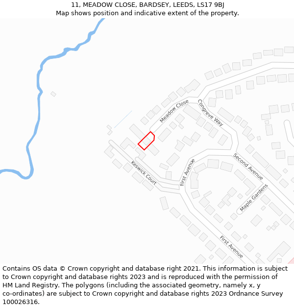 11, MEADOW CLOSE, BARDSEY, LEEDS, LS17 9BJ: Location map and indicative extent of plot