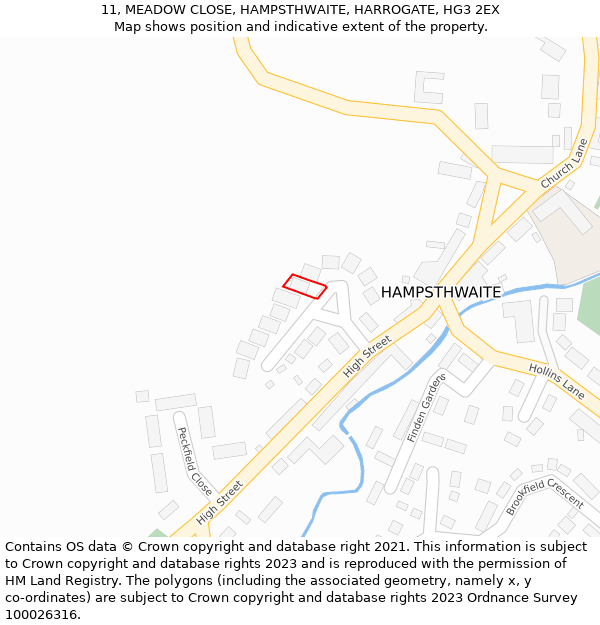 11, MEADOW CLOSE, HAMPSTHWAITE, HARROGATE, HG3 2EX: Location map and indicative extent of plot