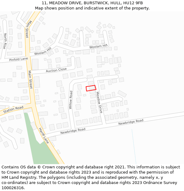 11, MEADOW DRIVE, BURSTWICK, HULL, HU12 9FB: Location map and indicative extent of plot