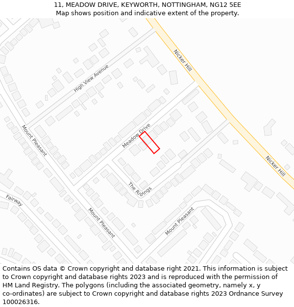 11, MEADOW DRIVE, KEYWORTH, NOTTINGHAM, NG12 5EE: Location map and indicative extent of plot