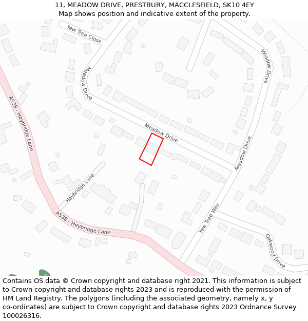 11, MEADOW DRIVE, PRESTBURY, MACCLESFIELD, SK10 4EY: Location map and indicative extent of plot