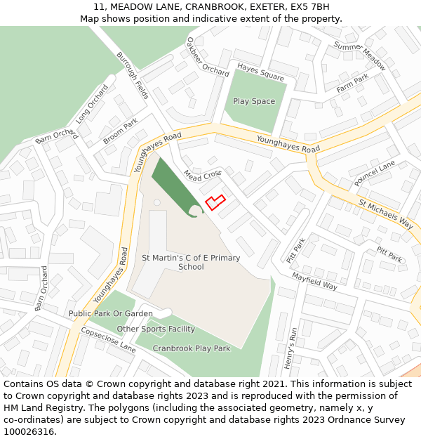 11, MEADOW LANE, CRANBROOK, EXETER, EX5 7BH: Location map and indicative extent of plot