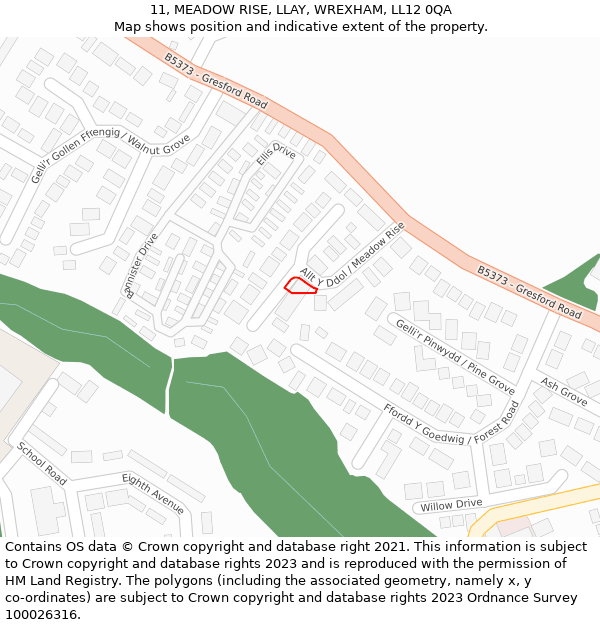 11, MEADOW RISE, LLAY, WREXHAM, LL12 0QA: Location map and indicative extent of plot