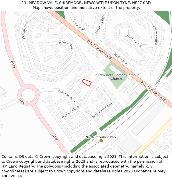 11, MEADOW VALE, SHIREMOOR, NEWCASTLE UPON TYNE, NE27 0BD: Location map and indicative extent of plot