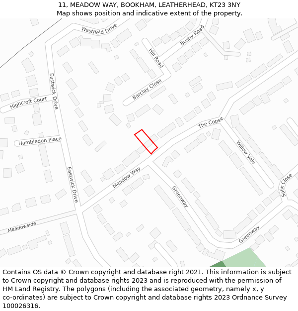 11, MEADOW WAY, BOOKHAM, LEATHERHEAD, KT23 3NY: Location map and indicative extent of plot