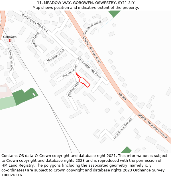 11, MEADOW WAY, GOBOWEN, OSWESTRY, SY11 3LY: Location map and indicative extent of plot
