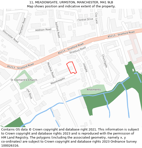 11, MEADOWGATE, URMSTON, MANCHESTER, M41 9LB: Location map and indicative extent of plot