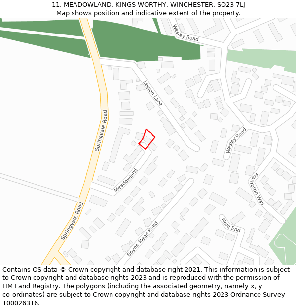 11, MEADOWLAND, KINGS WORTHY, WINCHESTER, SO23 7LJ: Location map and indicative extent of plot