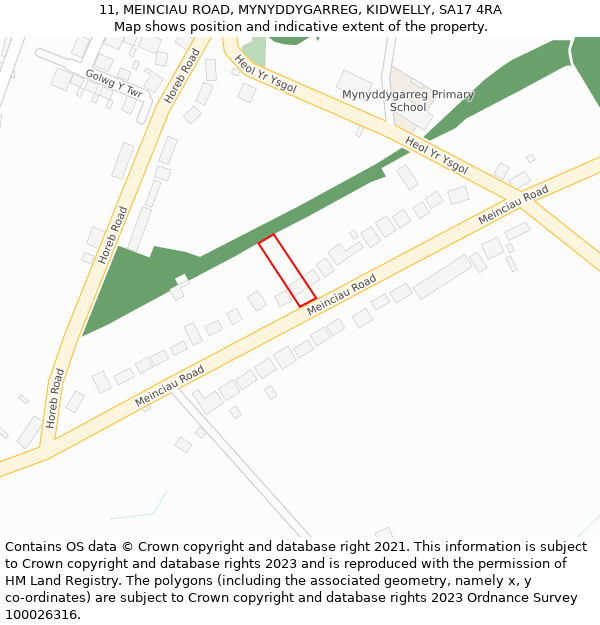 11, MEINCIAU ROAD, MYNYDDYGARREG, KIDWELLY, SA17 4RA: Location map and indicative extent of plot