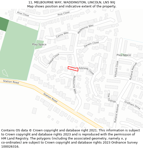 11, MELBOURNE WAY, WADDINGTON, LINCOLN, LN5 9XJ: Location map and indicative extent of plot