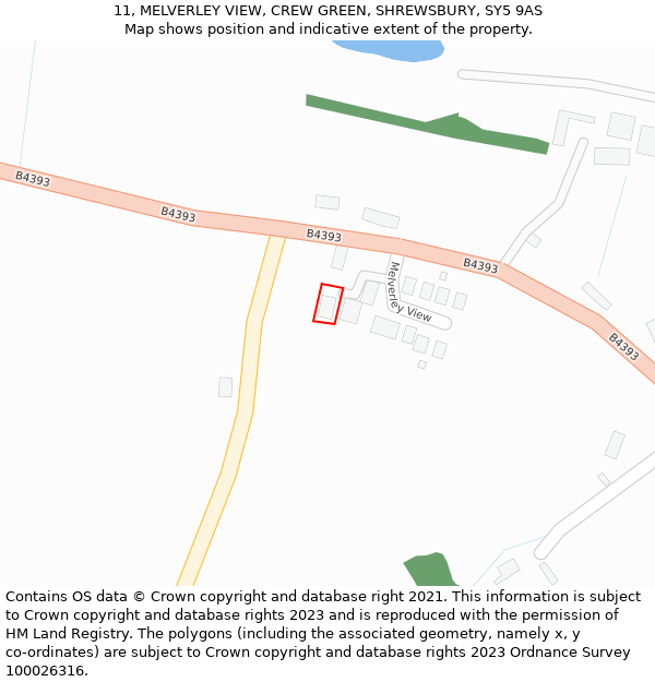 11, MELVERLEY VIEW, CREW GREEN, SHREWSBURY, SY5 9AS: Location map and indicative extent of plot