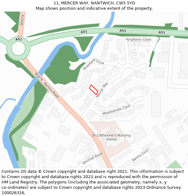 11, MERCER WAY, NANTWICH, CW5 5YD: Location map and indicative extent of plot