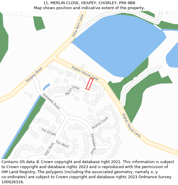 11, MERLIN CLOSE, HEAPEY, CHORLEY, PR6 9BB: Location map and indicative extent of plot