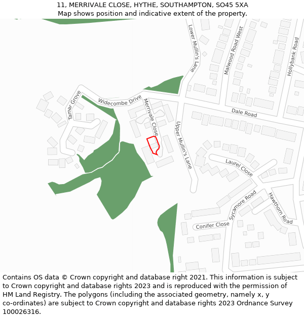 11, MERRIVALE CLOSE, HYTHE, SOUTHAMPTON, SO45 5XA: Location map and indicative extent of plot