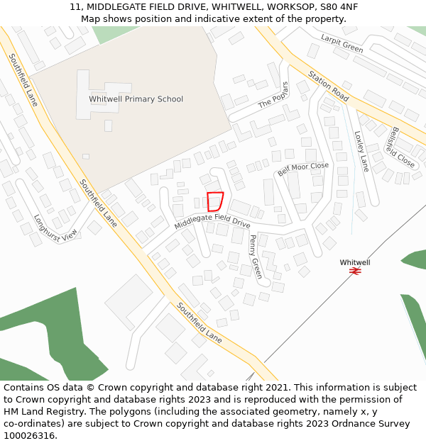 11, MIDDLEGATE FIELD DRIVE, WHITWELL, WORKSOP, S80 4NF: Location map and indicative extent of plot
