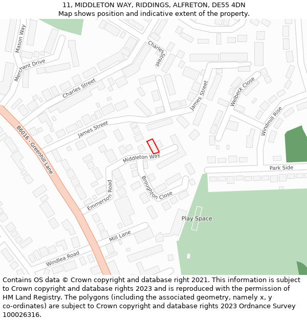 11, MIDDLETON WAY, RIDDINGS, ALFRETON, DE55 4DN: Location map and indicative extent of plot