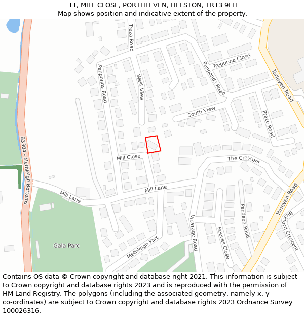 11, MILL CLOSE, PORTHLEVEN, HELSTON, TR13 9LH: Location map and indicative extent of plot