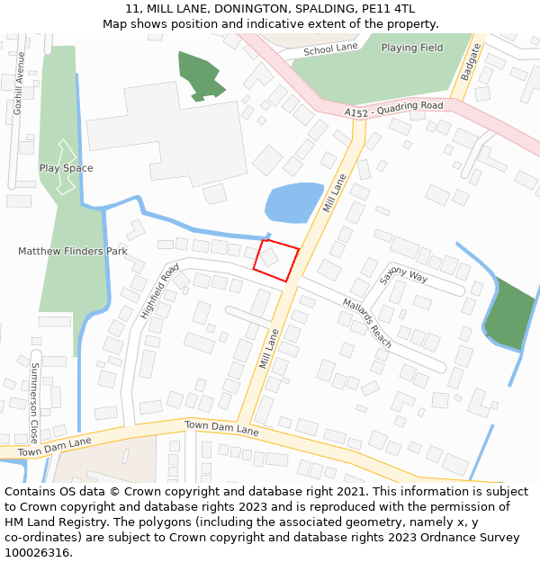 11, MILL LANE, DONINGTON, SPALDING, PE11 4TL: Location map and indicative extent of plot