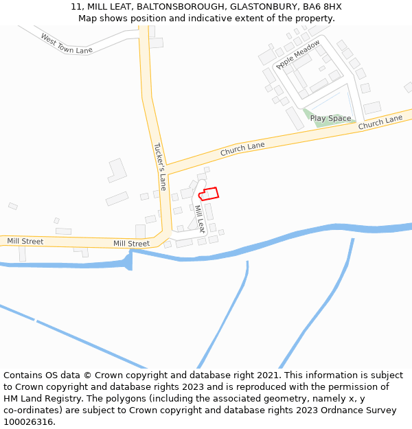 11, MILL LEAT, BALTONSBOROUGH, GLASTONBURY, BA6 8HX: Location map and indicative extent of plot