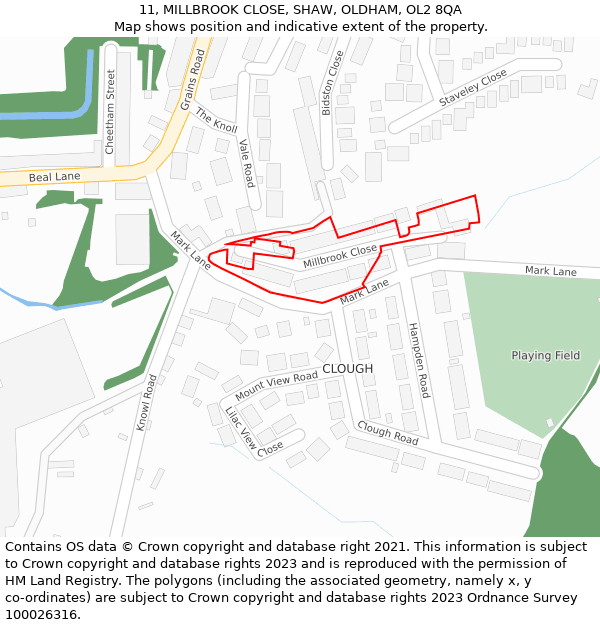 11, MILLBROOK CLOSE, SHAW, OLDHAM, OL2 8QA: Location map and indicative extent of plot