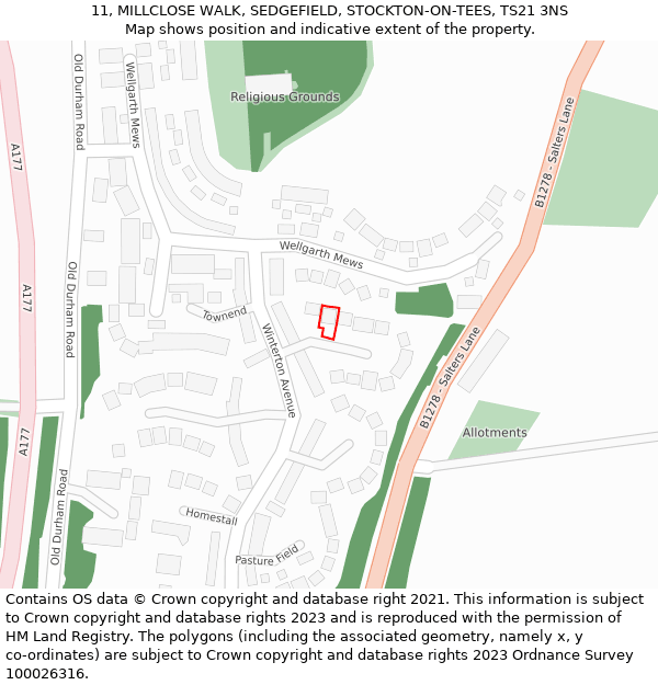 11, MILLCLOSE WALK, SEDGEFIELD, STOCKTON-ON-TEES, TS21 3NS: Location map and indicative extent of plot