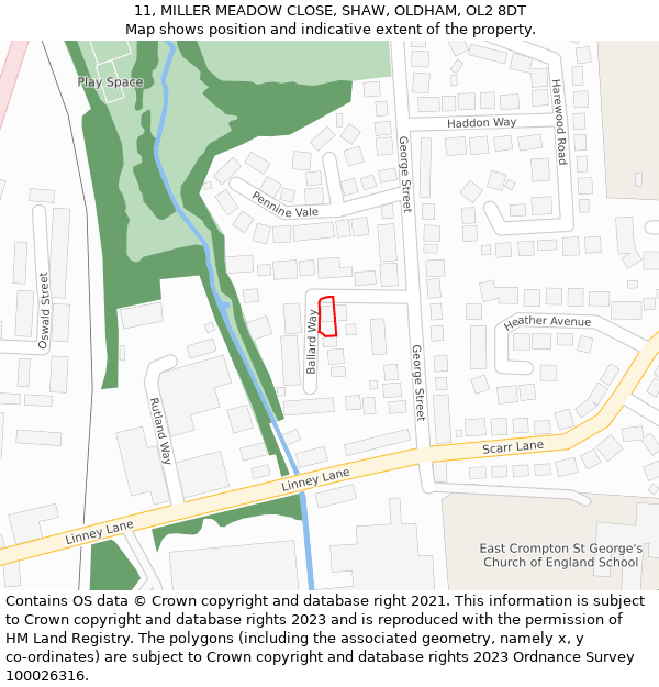 11, MILLER MEADOW CLOSE, SHAW, OLDHAM, OL2 8DT: Location map and indicative extent of plot