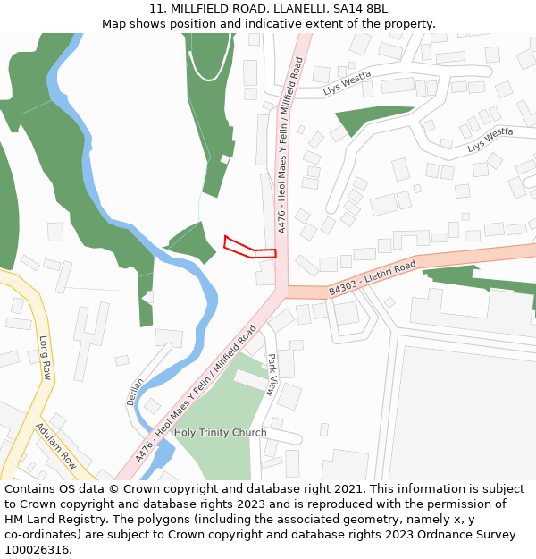 11, MILLFIELD ROAD, LLANELLI, SA14 8BL: Location map and indicative extent of plot