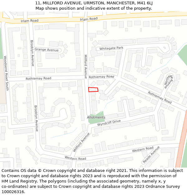 11, MILLFORD AVENUE, URMSTON, MANCHESTER, M41 6LJ: Location map and indicative extent of plot