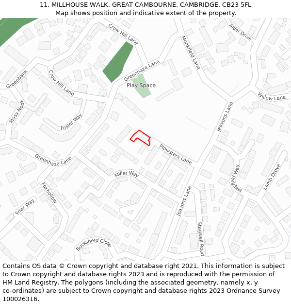 11, MILLHOUSE WALK, GREAT CAMBOURNE, CAMBRIDGE, CB23 5FL: Location map and indicative extent of plot