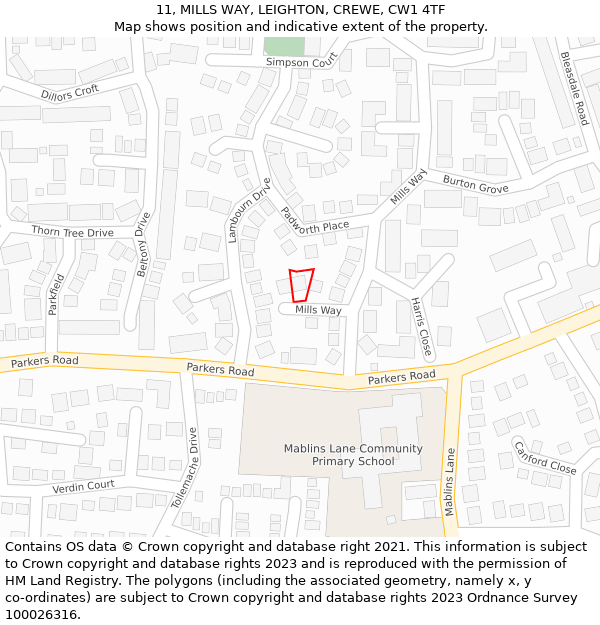 11, MILLS WAY, LEIGHTON, CREWE, CW1 4TF: Location map and indicative extent of plot