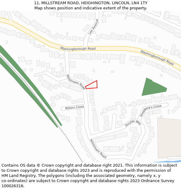 11, MILLSTREAM ROAD, HEIGHINGTON, LINCOLN, LN4 1TY: Location map and indicative extent of plot