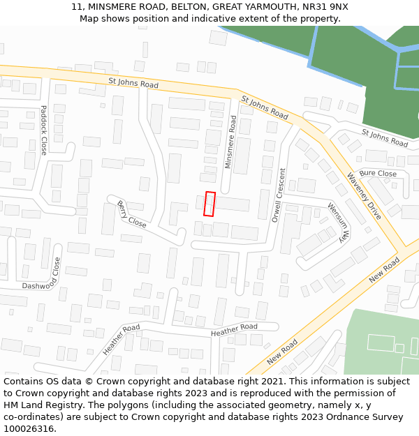 11, MINSMERE ROAD, BELTON, GREAT YARMOUTH, NR31 9NX: Location map and indicative extent of plot