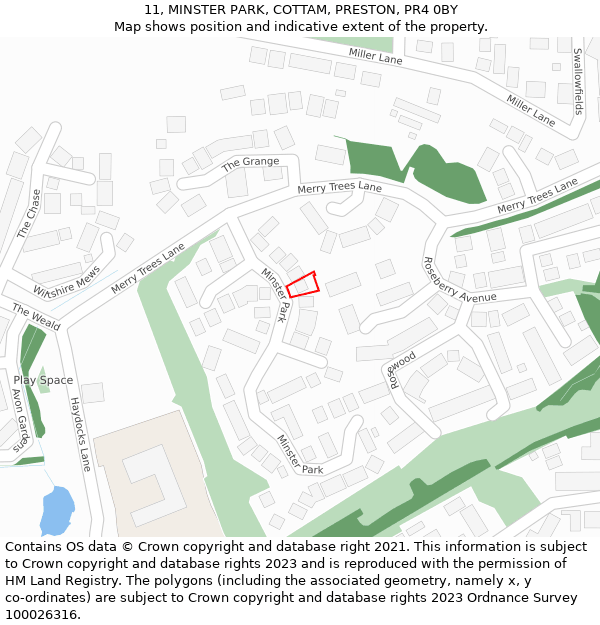 11, MINSTER PARK, COTTAM, PRESTON, PR4 0BY: Location map and indicative extent of plot