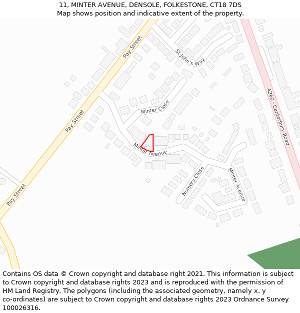 11, MINTER AVENUE, DENSOLE, FOLKESTONE, CT18 7DS: Location map and indicative extent of plot