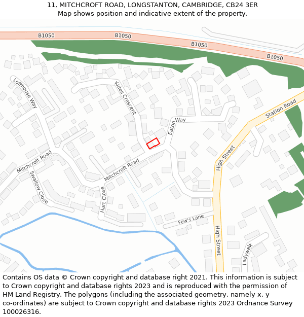 11, MITCHCROFT ROAD, LONGSTANTON, CAMBRIDGE, CB24 3ER: Location map and indicative extent of plot
