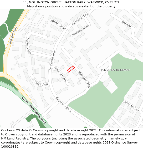 11, MOLLINGTON GROVE, HATTON PARK, WARWICK, CV35 7TU: Location map and indicative extent of plot