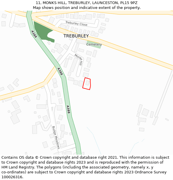 11, MONKS HILL, TREBURLEY, LAUNCESTON, PL15 9PZ: Location map and indicative extent of plot