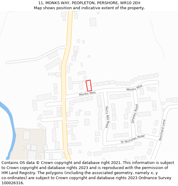 11, MONKS WAY, PEOPLETON, PERSHORE, WR10 2EH: Location map and indicative extent of plot