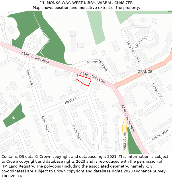 11, MONKS WAY, WEST KIRBY, WIRRAL, CH48 7ER: Location map and indicative extent of plot