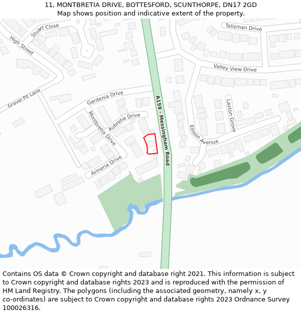 11, MONTBRETIA DRIVE, BOTTESFORD, SCUNTHORPE, DN17 2GD: Location map and indicative extent of plot