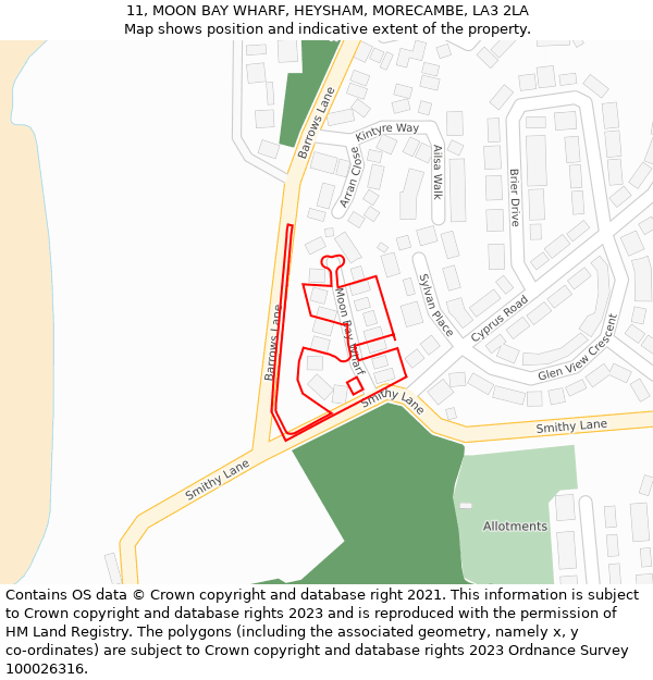 11, MOON BAY WHARF, HEYSHAM, MORECAMBE, LA3 2LA: Location map and indicative extent of plot