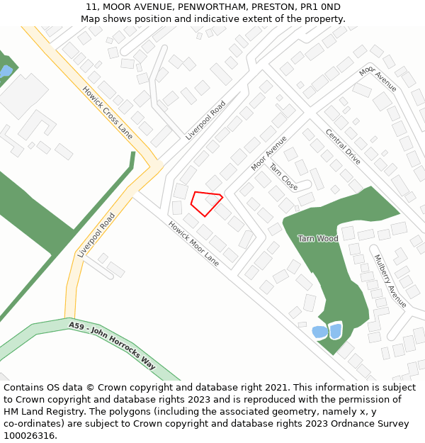 11, MOOR AVENUE, PENWORTHAM, PRESTON, PR1 0ND: Location map and indicative extent of plot